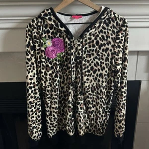 Betsey Johnson Leopard Print Floral Embroidered Velour Zip-up Jacket Size L - Bild 1 von 7