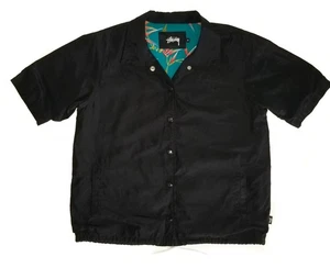 STUSSY Short Sleeve Jacket BLACK Embroidered Spell Out Snap Shirt Womens MD - Picture 1 of 10