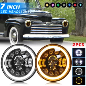 Par de faros LED redondos de 7 pulgadas Halo para Ford Deluxe 1939-1951 RGB Skull DRL - Imagen 1 de 13