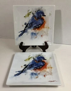 Dean Crouser Bluebird Plate PAIR Big Sky Carvers 7” X 7” Square Snack Signed - Picture 1 of 4