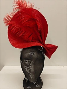 red large straw fascinator ostrich feather millinery headband wedding hat - Picture 1 of 3