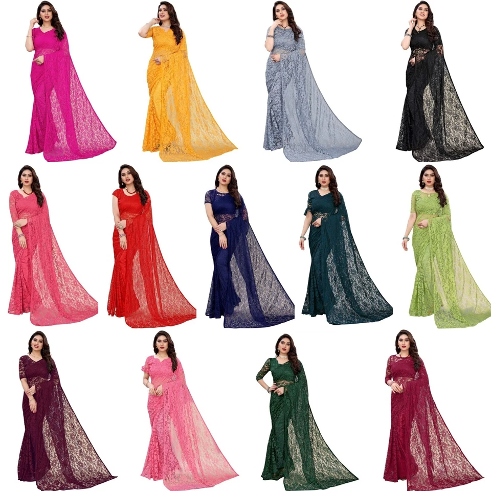 HANDMADE Women'S Rasel Net Saree With Unstitched Blouse Piece