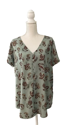 Top túnica Lularoe gris-salvia verde marrón cachemira cuello en V manga corta botones talla L Foto 1 de 4