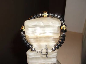MEN'S HANDMADE OM 9 1/4" 10 MM HEMATITE RONDELL & STERLING SILVER BEADED BRACELE - Picture 1 of 8