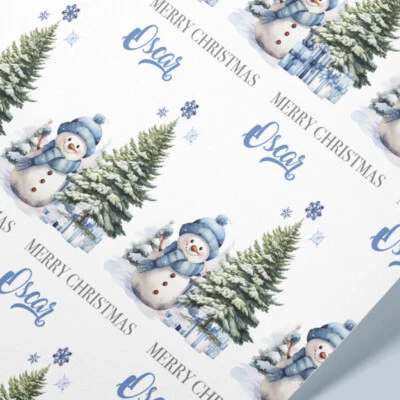 Personalised Christmas Blue Snowman Wrapping Paper - Image 1 of 4