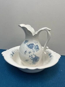 Vintage Royal Haeger White Blue Floral Ceramic Pitcher and Bowl Made in USA - Picture 1 of 6
