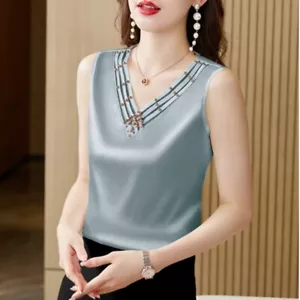 Damen Satin Perlenweste seidig Unterhemd V-Ausschnitt ärmellos Tank Top Shirt Bluse - Bild 1 von 22