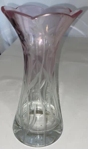 LENOX "Floral Spirit"Lead Crystal Etched Glass 9" Pink Fading To Clear Vase. - Picture 1 of 10
