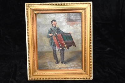 Pintura antiga a óleo sobre tela depois de Ludwig Knaus "The Hurdy-Gurdy Man" século 19 - Imagem 1 de 4