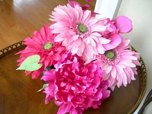 Faux Floral Pink Daisies, Peony & Orchid Mirrored Glass Vase Tree Masters - Picture 1 of 7