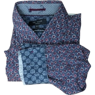 Camisa Ted Baker Floral Puño Abatible Para Hombres Talla 4 Mediana Londres Azul Rojo Flores Sobre Foto 1 de 4