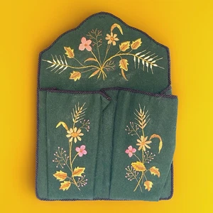 Antique/Vintage Had Embroidered Wall Pocket, 13-3/4" Tall & 10" Wide - Picture 1 of 7