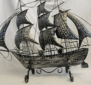 Vintage Metal SHIP Sculpture Nautical Art Shelf Table Decoration 25"H X 29"L - Picture 1 of 14