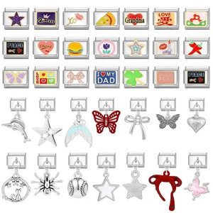 Italian Charm Bracelet Star Heart Clover Link 9mm Band Stainless Steel 1 Pc - Picture 1 of 60