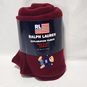 vintage RALPH LAUREN Exploration Fleece POLO BEAR Throw Blanket 50"x68" Maroon - Picture 1 of 3