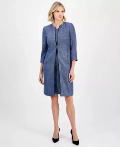 Kasper Women's Long Formal Professional Piping-Trim Tweed Topper Jacket Blue 2P - Picture 1 of 10