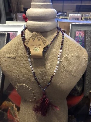 NWT ELISE M CATRINE BURGUNDY MULTI-COLOR BEADED PEARL NECKLACE WITH TASSEL - Image 1 of 2