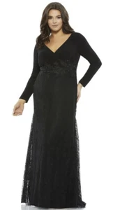 Mac Duggal schwarz Spitze Blumen bestickt Perlen V-Ausschnitt Langarm Kleid Plus 14W - Bild 1 von 18
