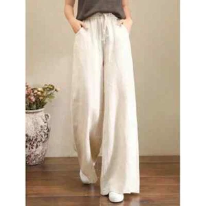 Women Casual High Waisted Cotton Linen Palazzo Pants Wide Leg Flared Pants - Picture 1 of 12