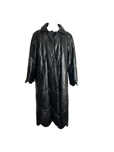 Vtg Suburban Heritage Trench Coat Womens Size 14 Black Leather Scalloped Edges - Picture 1 of 10