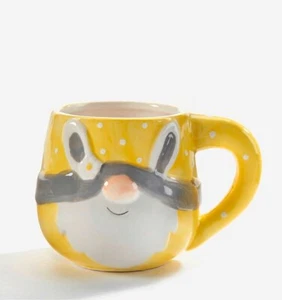 Easter Bunny Gnome Mug Set of 2 Ceramic 11 oz 3.5" high Embossed Yellow - Picture 1 of 2