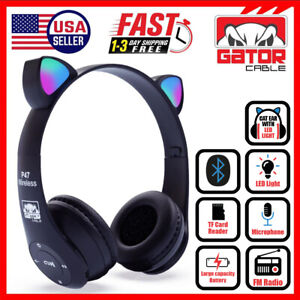 Cat Rabbit Ears Wireless Bluetooth Headphones Earphones MIC LED Lights for Kids