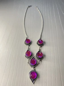 Argento 925 Collana Girocollo Cristallo Fucsia - Foto 1 di 4