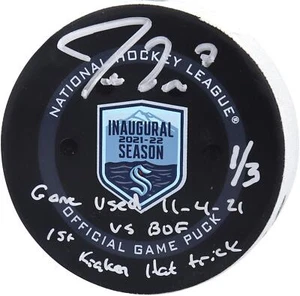 Jordan Eberle Kraken Signed GU Puck 11/4/2021 vs. Sabres w/Inscs - #2 of LE 3 - Picture 1 of 4