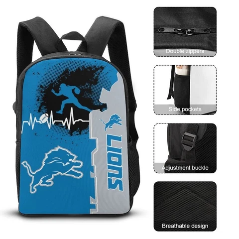Detroit Lions Shoulder Backpack 17” Travel Backpack Heartbeat Sport Style Cover