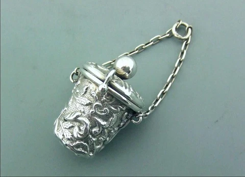 ANTIQUE VICTORIAN SILVER THIMBLE HOLDER  CASE  FOR CHATELAINE  Birmingham 1895 Cover