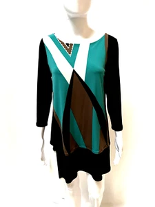 Eva Varro Neu mit Etikett Colorblock U-Ausschnitt 3/4 Ärmel Tunika Top Bluse Größe Medium NEU - Bild 1 von 7