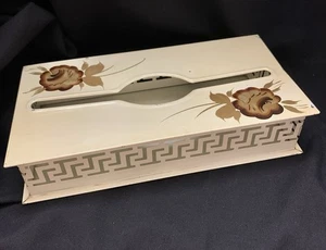 Vtg. Metal Toleware Floral Tissue Box Wall Mount Creme Gold 11" x 5.5" MCM - Picture 1 of 14