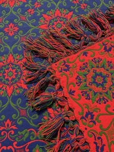 Vintage 60er MCM Tagesdecke Decke Fransen blau rot schwer wendbar gewebt 99x109" - Bild 1 von 17