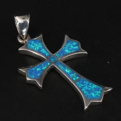 Sterling Silver - Blue Fire Opal Religious Cross Necklace Pendant - 5g - Image 1 of 4
