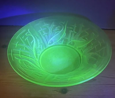 Uranium Glass Bowl Dish Decorated With Embossed Fish D21cm x H5cm - image 1 of 4