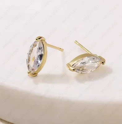 Tiny Marquise Cut Natural Diamond Solitaire Minimalist Wedding Fine Stud Earring - Image 1 of 4