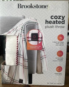 Brookstone Cozy Heated Plush Throw 4 Heat Settings White With Red & Green Stripe - Picture 1 of 3