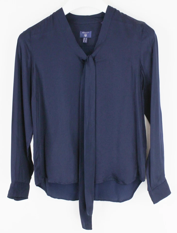 Blusa GANT Feminina Reino Unido 12 Auto Laço Manga Longa Fina Azul Escuro - Imagem 1 de 4