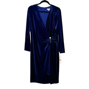 Calvin Klein Wrap Dress 16 Velvet Ruched Gold Brooch V Neck Long Sleeve Blue NWT - Picture 1 of 7