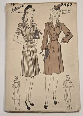 RARE 1940s Vintage Advance Pattern 2862 - Ladies Dress - Bust 44  - Image 1 of 4