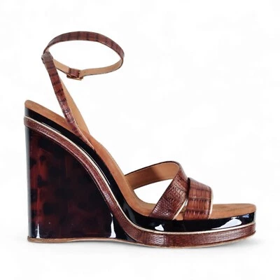 Ferragamo Lucite Statement Wedges tamanho 7.5 alça de tornozelo tartaruga falsa salto alto - Imagem 1 de 4