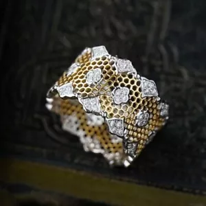 Unique Honeycomb Band Silk Texture Natural Diamond Women Ring 14K 2-Tone Gold - Picture 1 of 6