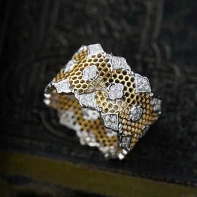 Unique Honeycomb Band Silk Texture Natural Diamond Women Ring 14K 2-Tone Gold - Image 1 of 4