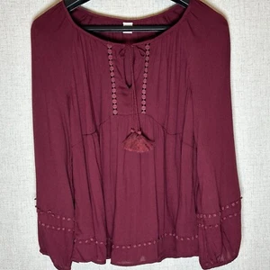 Old Navy Womens Burgundy Peasant Cottage Tassel Balloon Sleeve Blouse small - Picture 1 of 9
