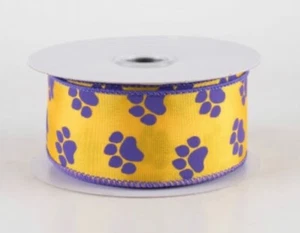 Yellow Gold Satin Purple Paw Prints 1.5" Wired Pet Paws Ribbon 10 Yds /30 Feet - Picture 1 of 2