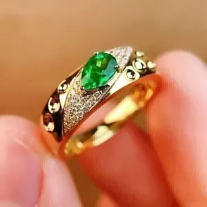 2Ct Pear Cut Created Green Emerald Men's Engagement Ring 14K Yellow Gold Finish - Picture 1 of 6