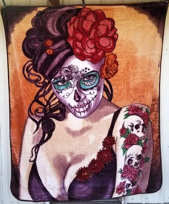 SKULL AND ROSE TATTOO LADY DAY OF THE DEAD ARDRAS ART QUEEN SIZE BLANKET - Image 1 of 2