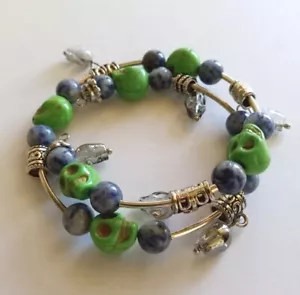 Day Of The Dead Wrap Bracelet W/ Blue Sodalite, Crystal, Green Howlite Skulls - Picture 1 of 3