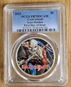 Moneda de plata Iron Maiden Trooper 2023 Islas Cook de 1 oz a prueba graduación profesional PR70DCAM FDOI - Imagen 1 de 2