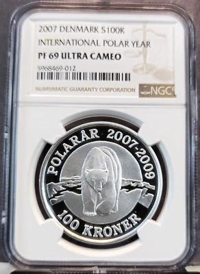 2007 DENMARK SILVER 100 KRONER INTL POLAR YEAR POLAR BEAR NGC PF 69 ULTRA CAMEO - Image 1 of 3